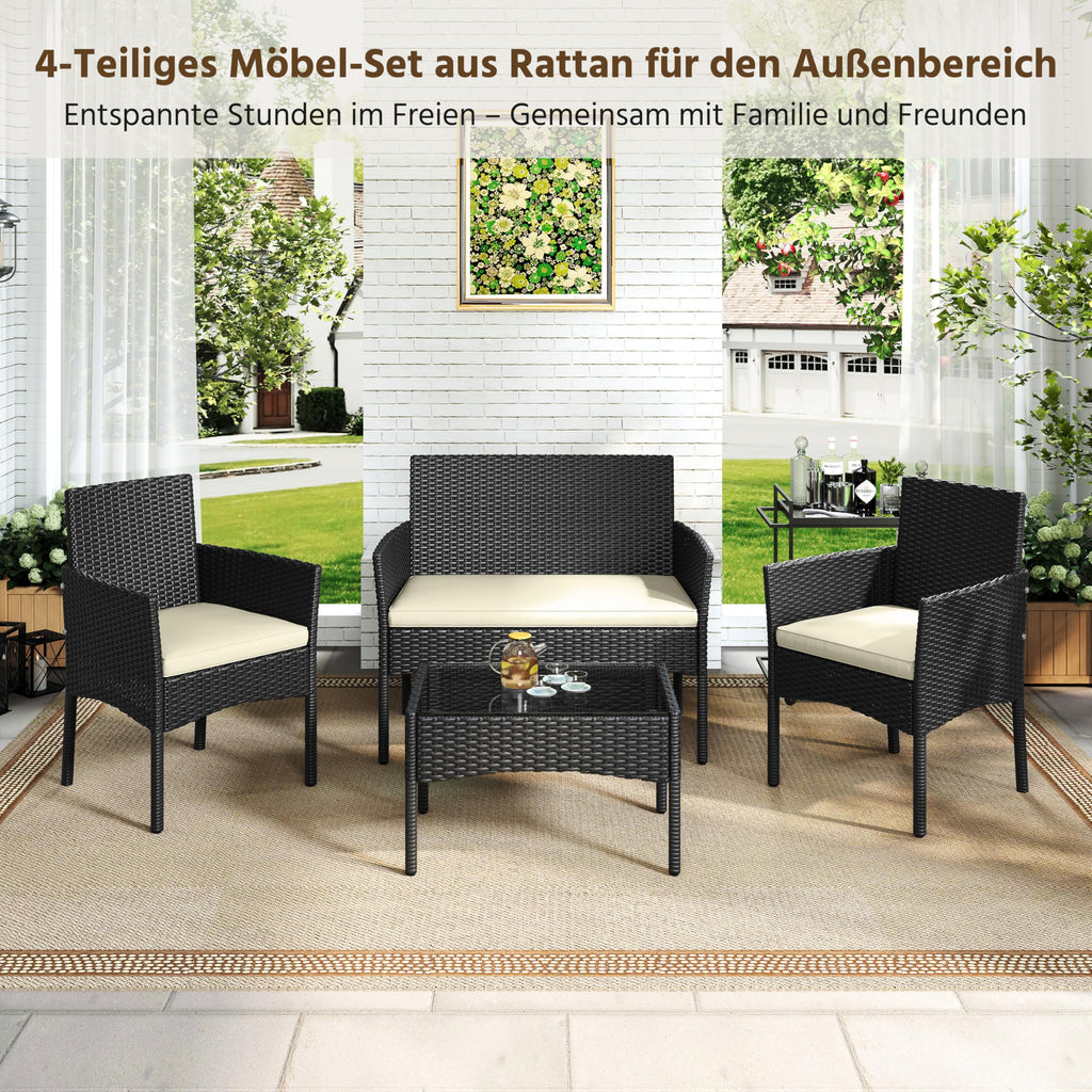Yaheetech Set med 4 trädgårdsmöbler, balkongmöbler, sats av polyrattan terrassmöbler, utomhus med 2 soffor, 2 stolar, bord och sittdyna för terrass/balkong/trädgård, svart och beige