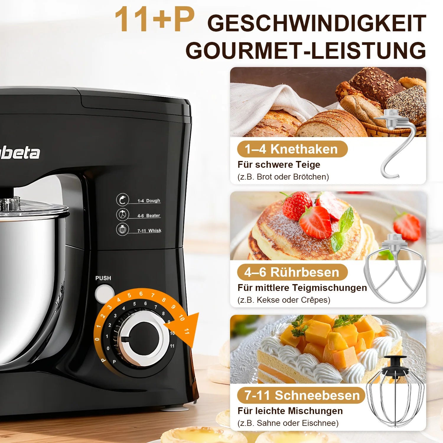 5.5L Electric Stand Mixer, 1000W, 11 Speeds, 3-in-1(Whipping, Kneading & Mixing), Non-Slip Feet, Safety Lock, for Baking/Gift