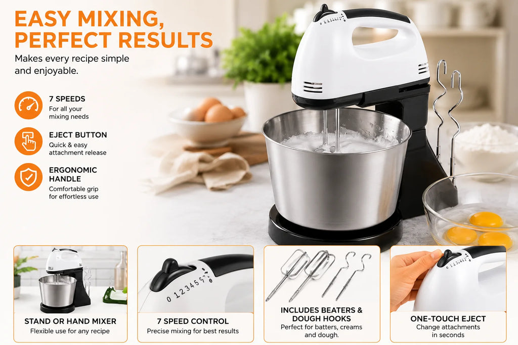 Premium Stand Mixer with Stainless Steel Bowl, 2-in-1