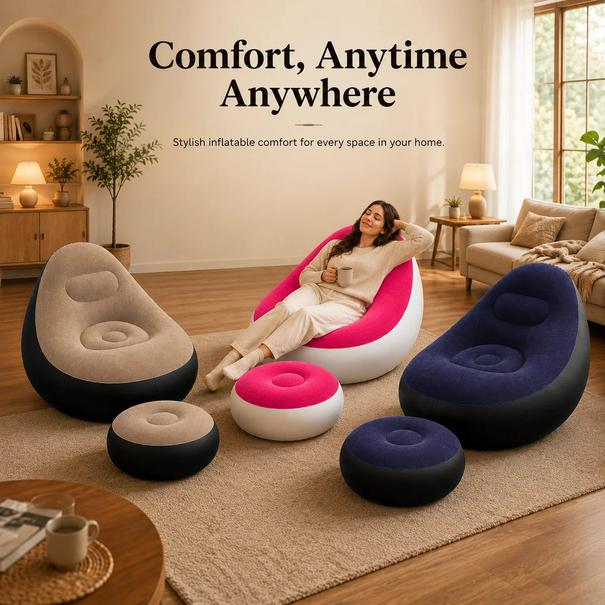 1pc Inflatable Lounge Chair with Ottoman, Flocked Air Sofa Set