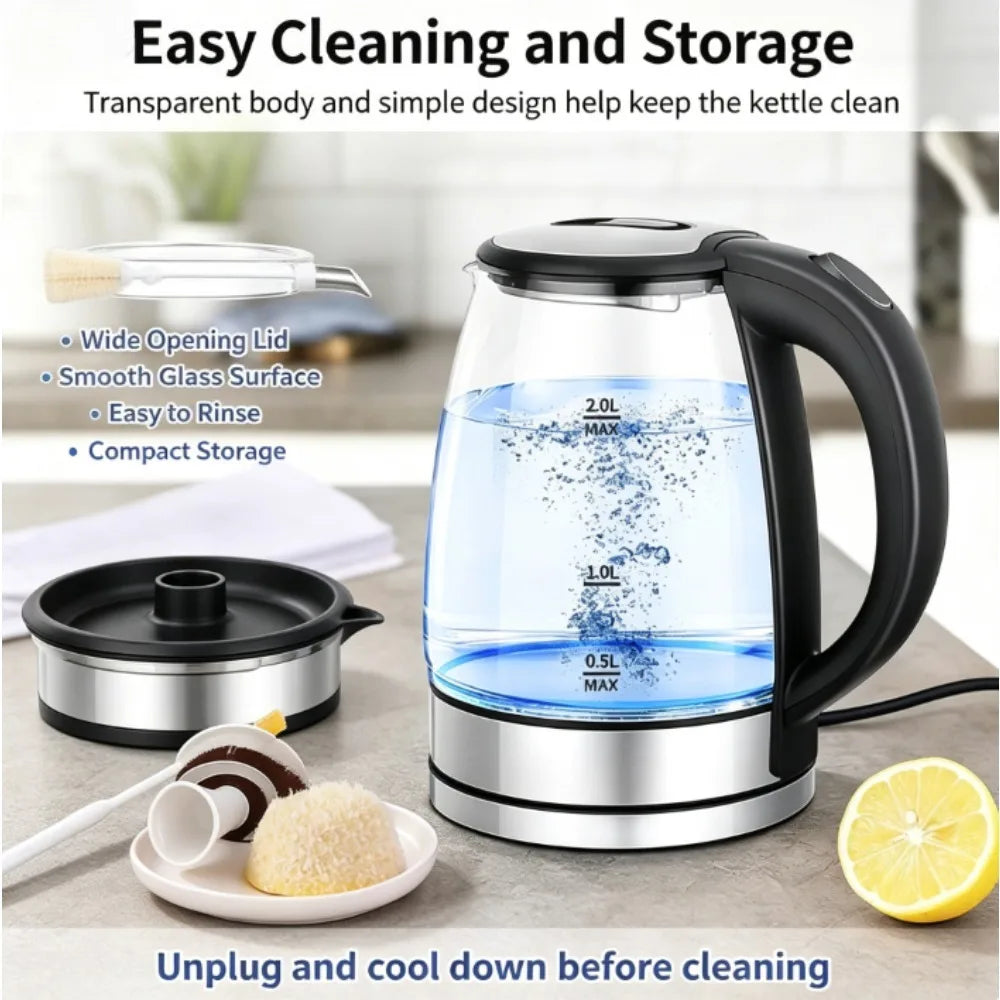 2.0L Glass Electric Kettle, Fast Boiling Water Boiler with Blue LED Light,