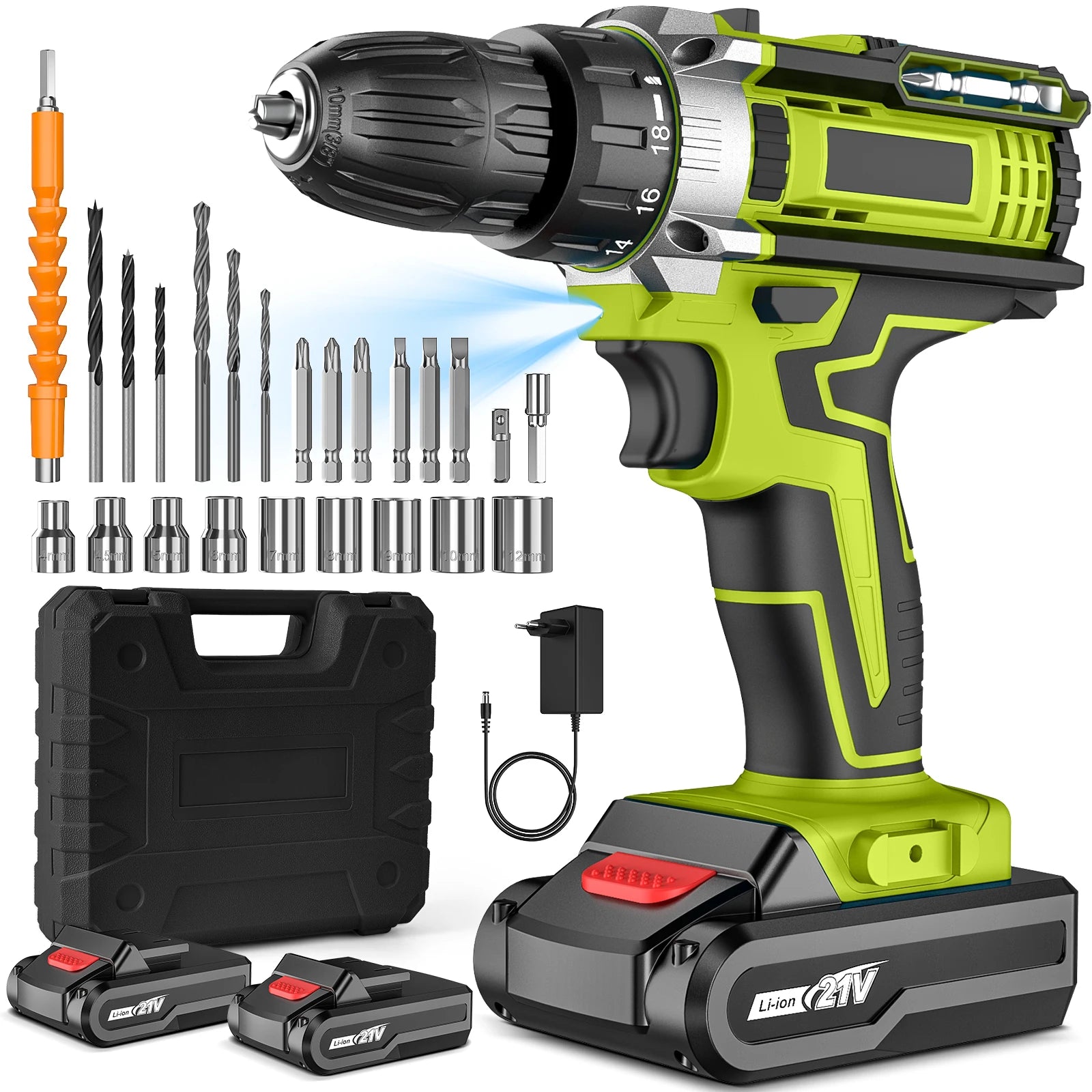 21V Cordless Electric Impact Drill Electric Screwdriver 25+3 Torque Compact Hand Drill Rechargeable Battery Electric Tools