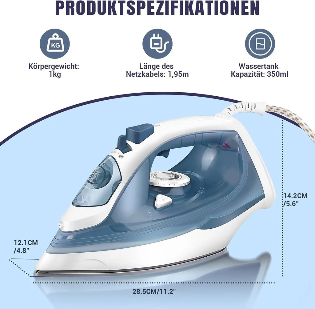 5-Temperature Steam Iron 350ml Large Water Tank Spray + Self-Cleaning Dual Auto Shut-Off Home Ironing Machine