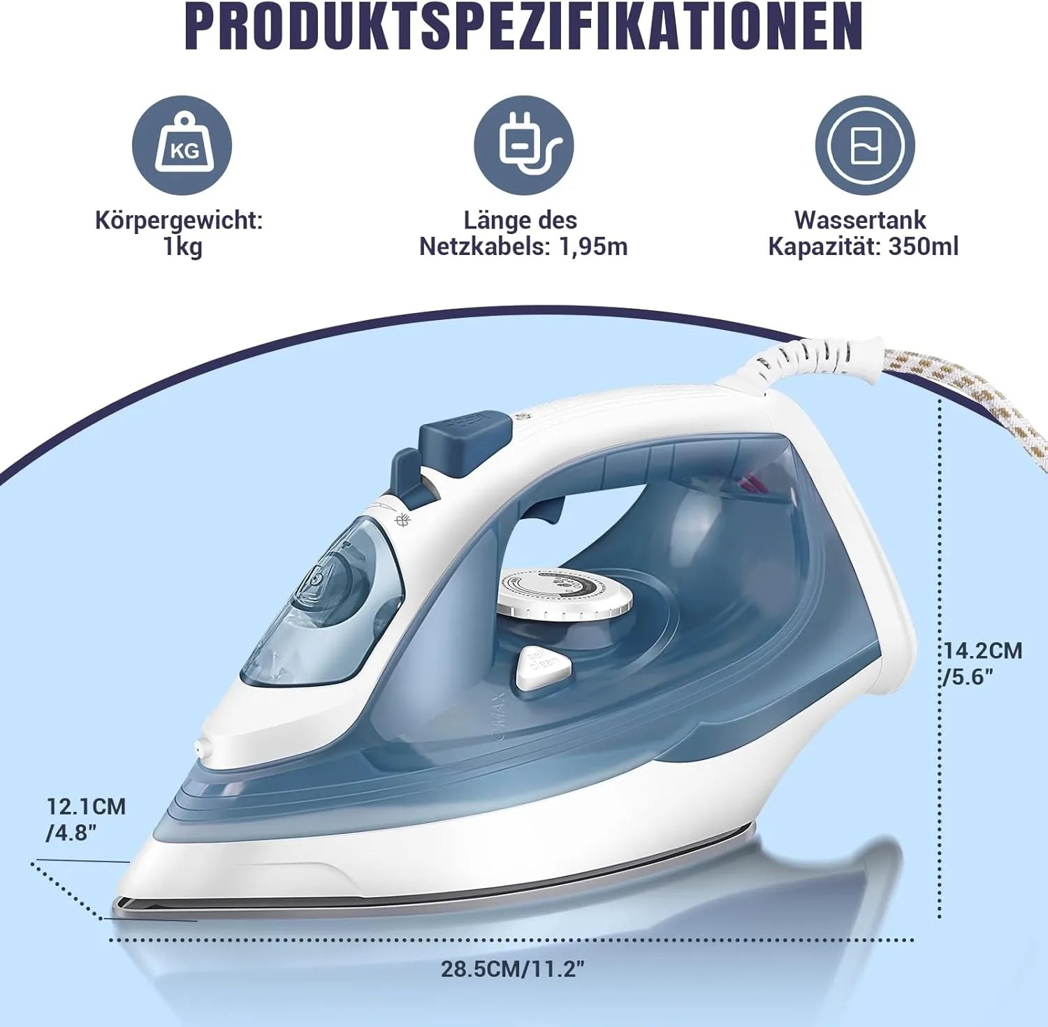 5-Temperature Steam Iron 350ml Large Water Tank Spray + Self-Cleaning Dual Auto Shut-Off Home Ironing Machine