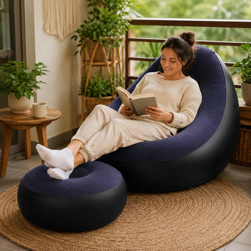 1pc Inflatable Lounge Chair with Ottoman, Flocked Air Sofa Set