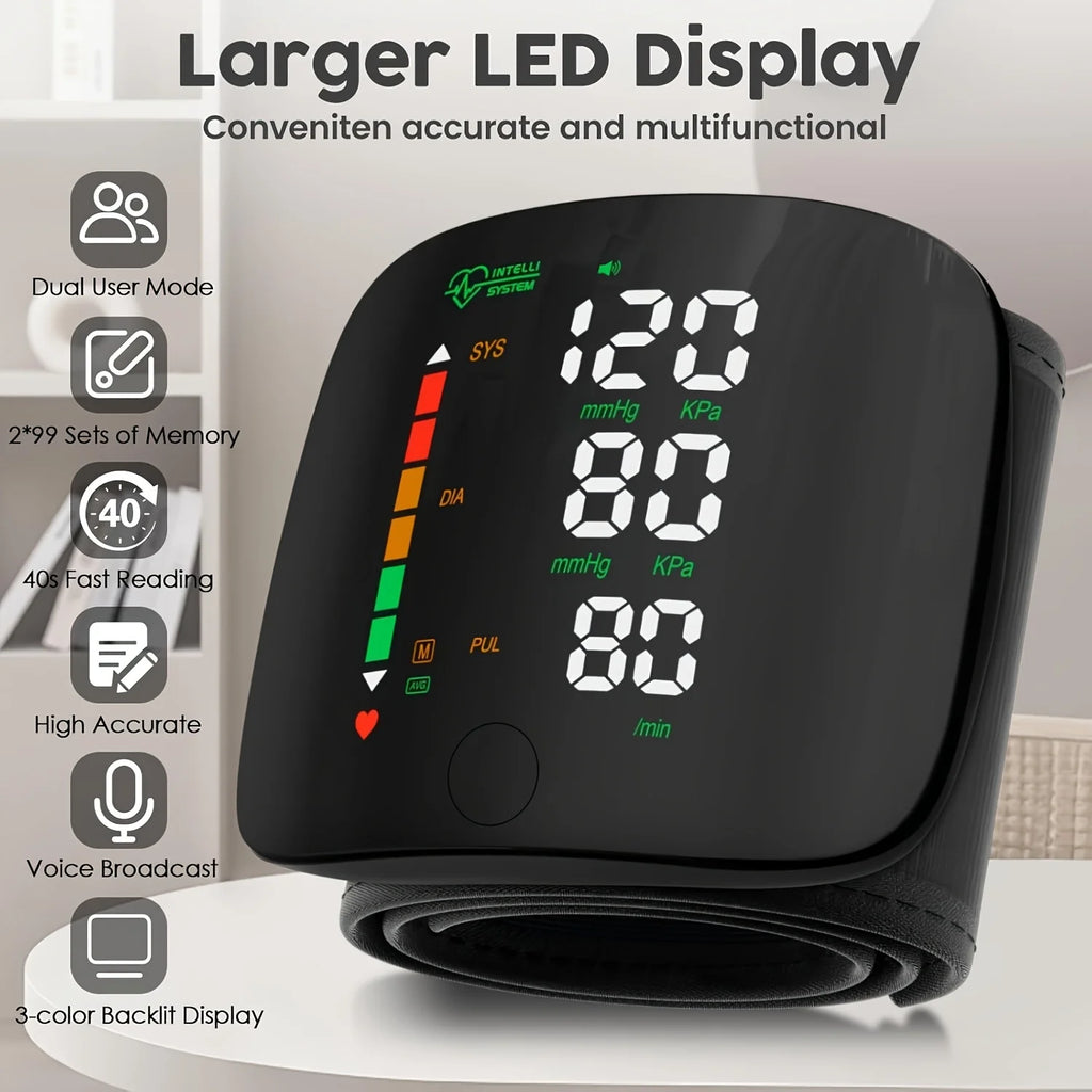 Wrist Blood Pressure Monitor Digital BP Machine with Large LED Display Voice Broadcast