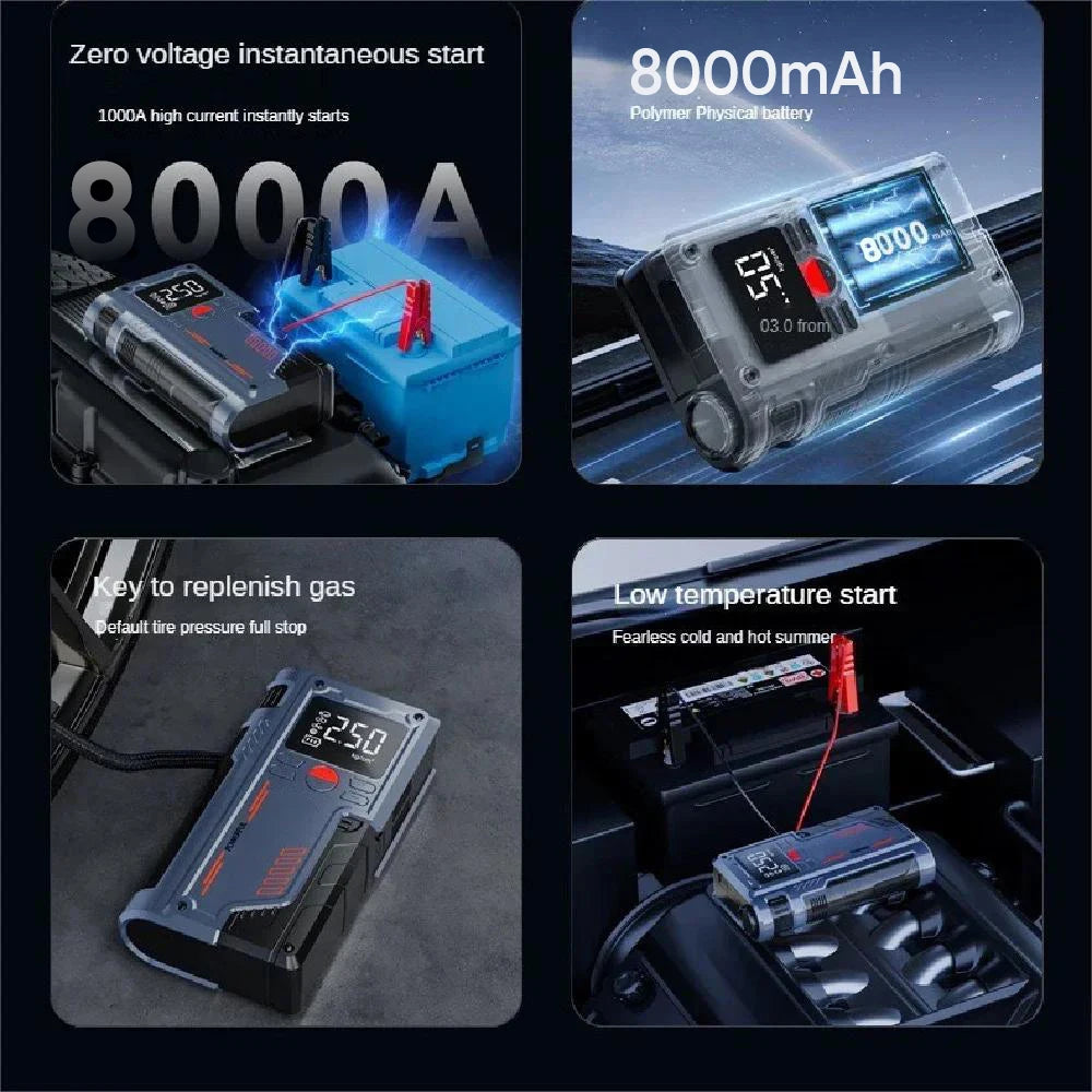 4 In 1 Car Jump Starter With 150PSI Air Compressor 8000mAh Portable Booster Charger 1000A Powerful Car Battery Starting Device