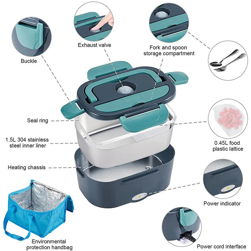 DWiusty 2-in-1 electric lunch box leak-proof portable food warmer 1.5/2/2.5 L microwave lunch box with stainless steel container