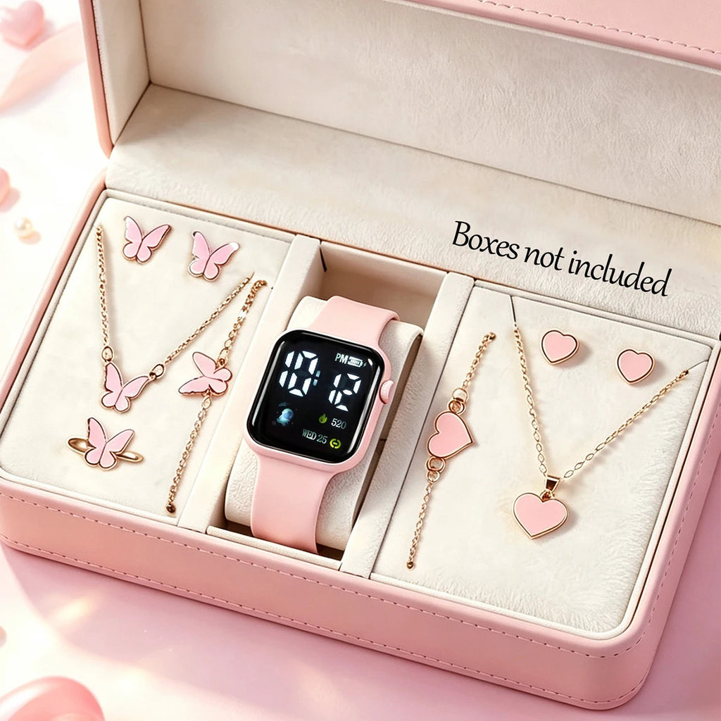 10-Piece Set, Cute Pink Led Electronic Watch