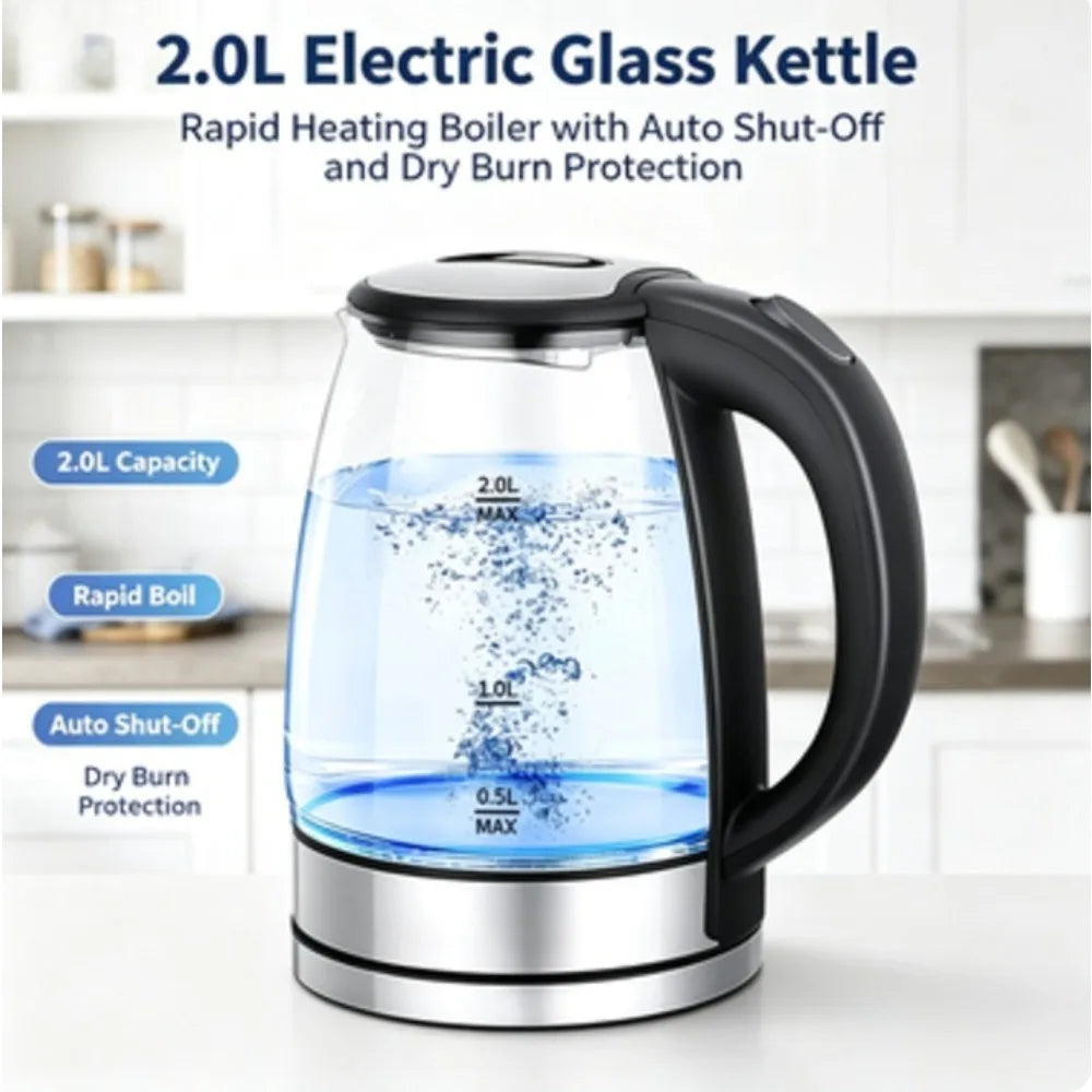 2.0L Glass Electric Kettle, Fast Boiling Water Boiler with Blue LED Light,