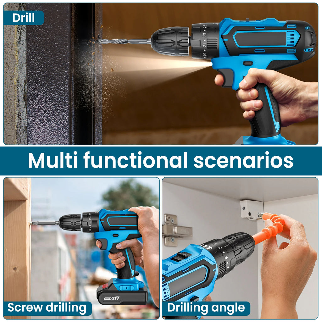 21V Cordless Electric Impact Drill Electric Screwdriver 25+3 Torque Compact Hand Drill Rechargeable Battery Electric Tools