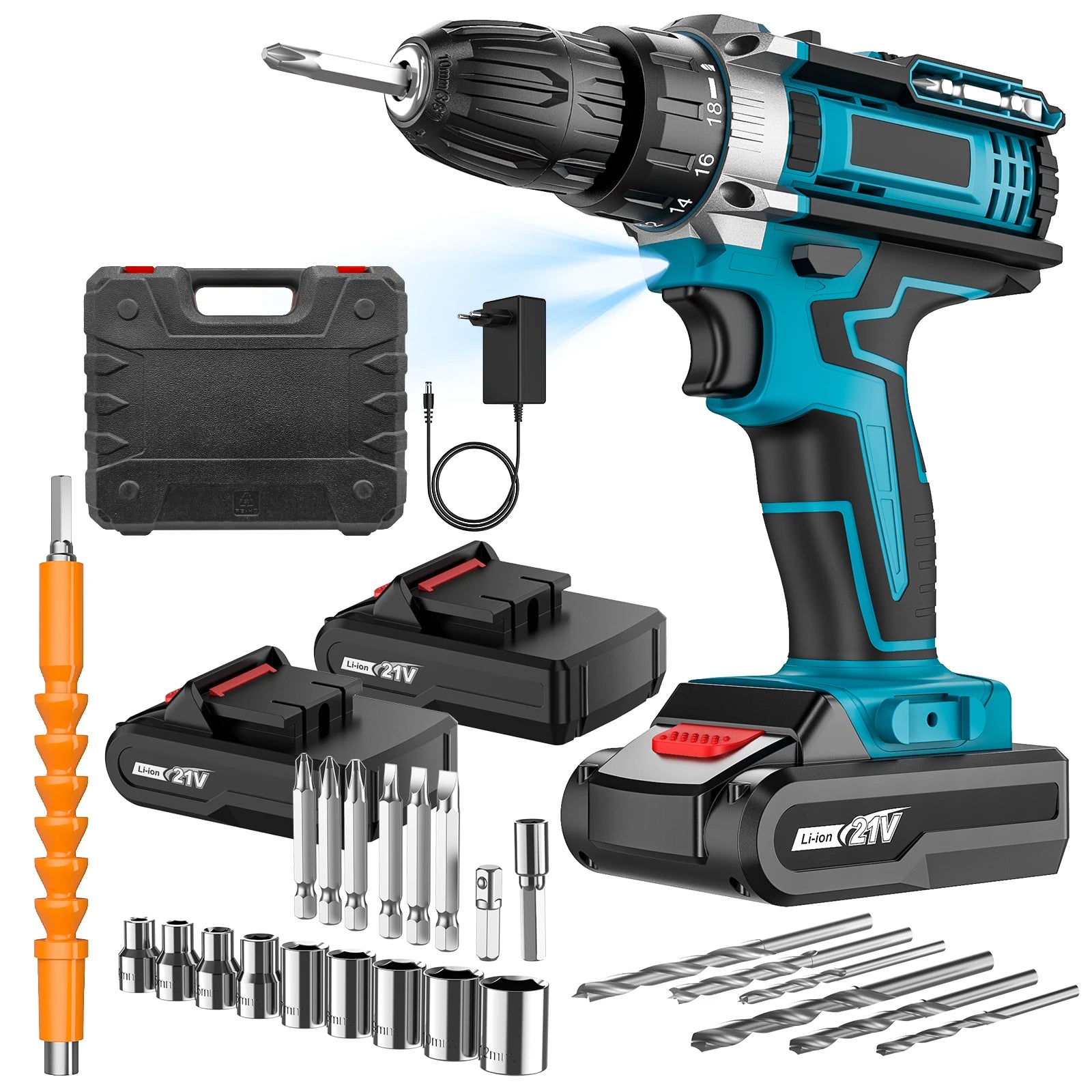 21V Cordless Electric Impact Drill Electric Screwdriver 25+3 Torque Compact Hand Drill Rechargeable Battery Electric Tools