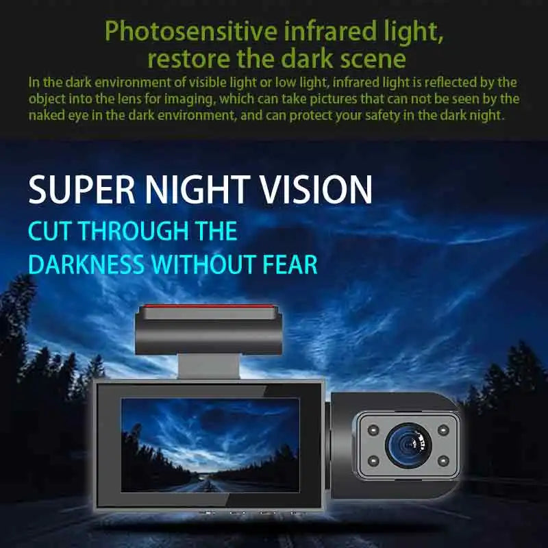 Dual front-and-rear dash camera with a 32 GB SD card, a 3-inch screen, and night vision for the car