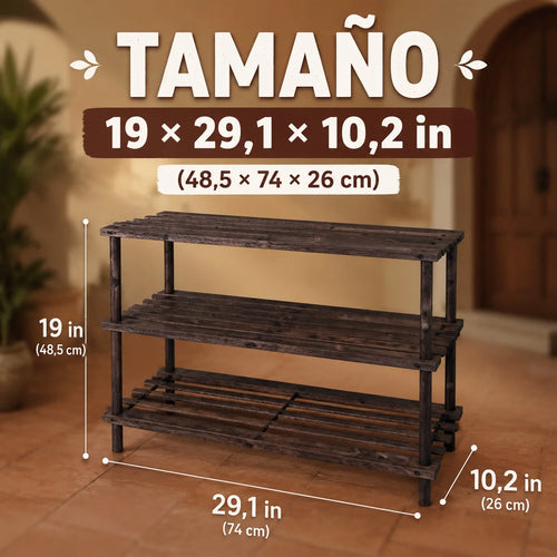 3-Tier Solid Wood Shoe Rack, Size 74×26×48.5 cm (29.1×10.2×19 in), Breathable Slat Design