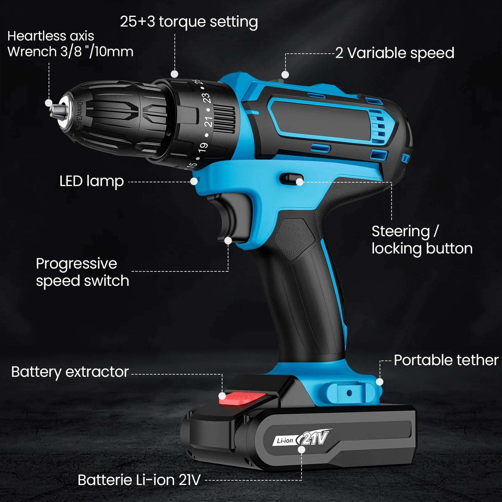 21V Cordless Electric Impact Drill Electric Screwdriver 25+3 Torque Compact Hand Drill Rechargeable Battery Electric Tools
