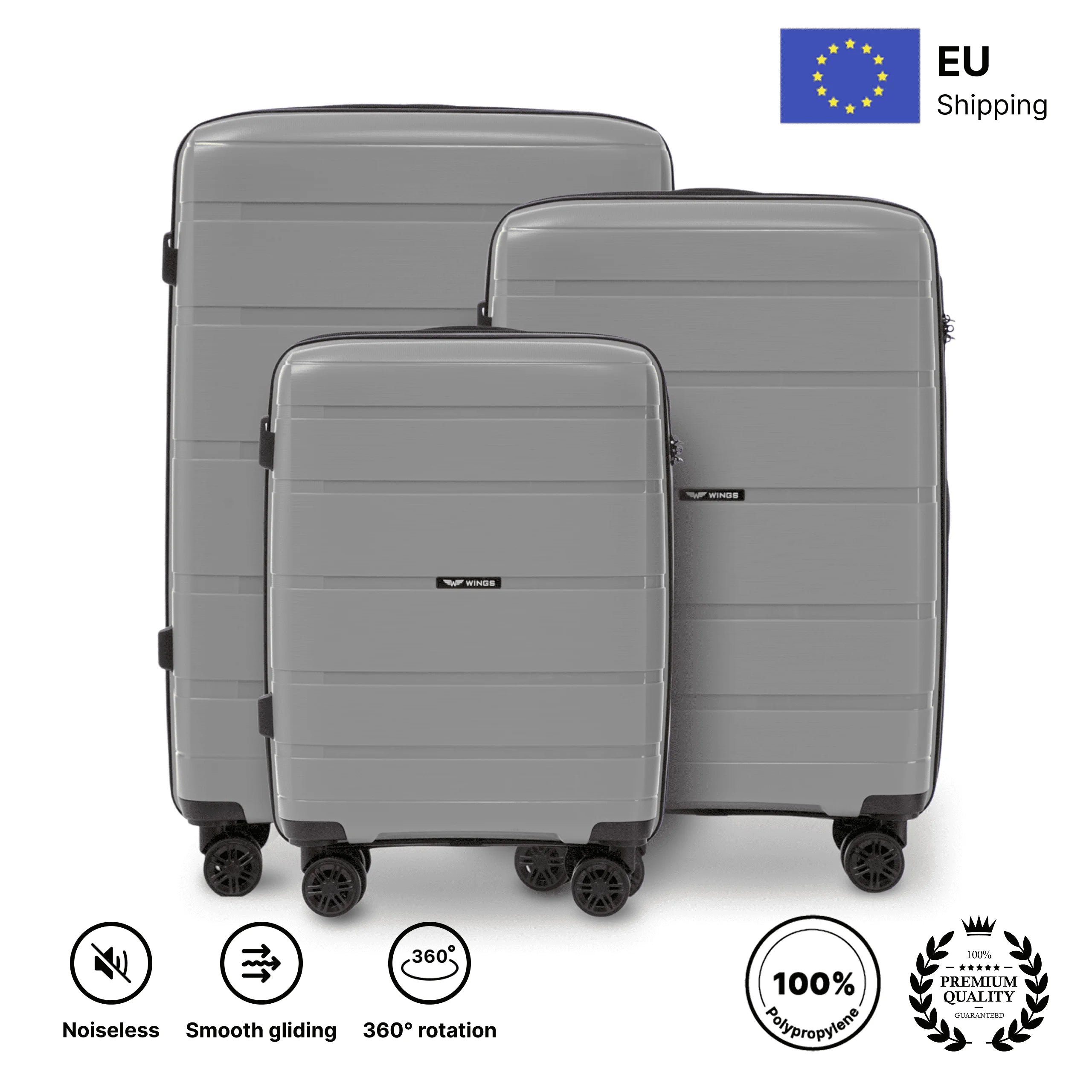 Set of Suitcases in POLYPROPYLENE/ 20", 24", 28" 75 × 50 × 30 cm / 65 × 44 × 25 cm / 55 × 39 × 20 cm, Hawfinch Champagne Color DAMAGE-RESISTANT TELESCOPY HANDLE, 4 double 360° wheels, Combination Lock, side and top han