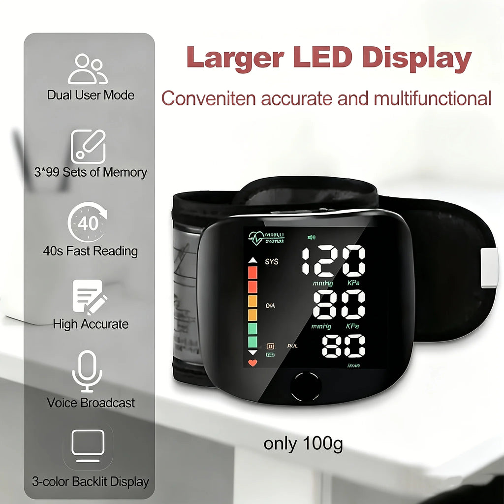 Wrist Blood Pressure Monitor Digital BP Machine with Large LED Display Voice Broadcast