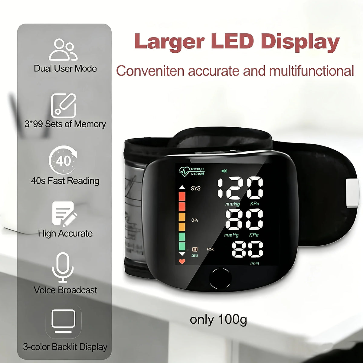 Wrist Blood Pressure Monitor Digital BP Machine with Large LED Display Voice Broadcast