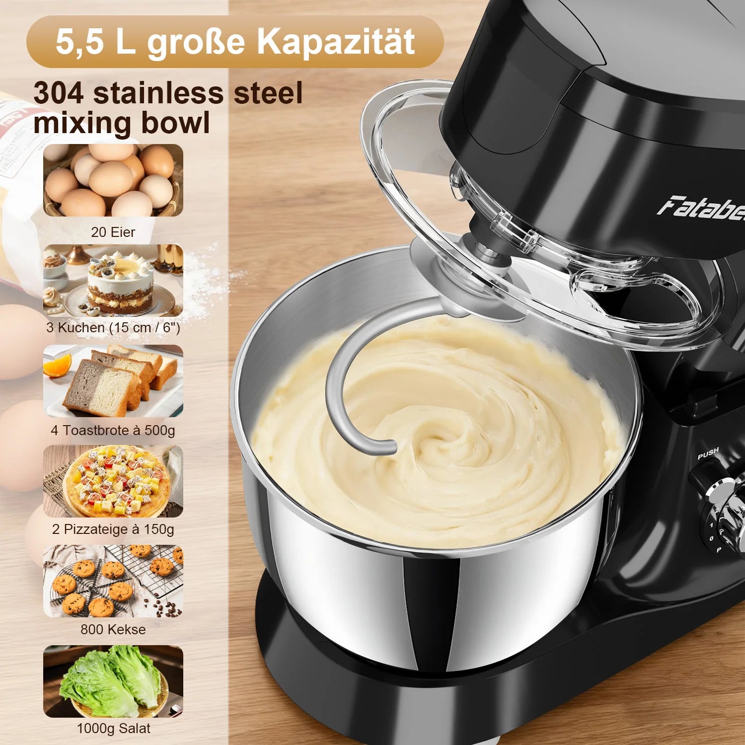 5.5L Electric Stand Mixer, 1000W, 11 Speeds, 3-in-1(Whipping, Kneading & Mixing), Non-Slip Feet, Safety Lock, for Baking/Gift