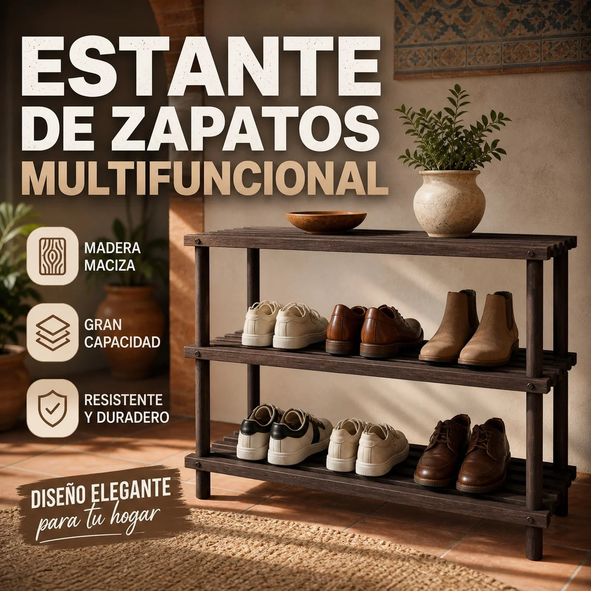 3-Tier Solid Wood Shoe Rack, Size 74×26×48.5 cm (29.1×10.2×19 in), Breathable Slat Design