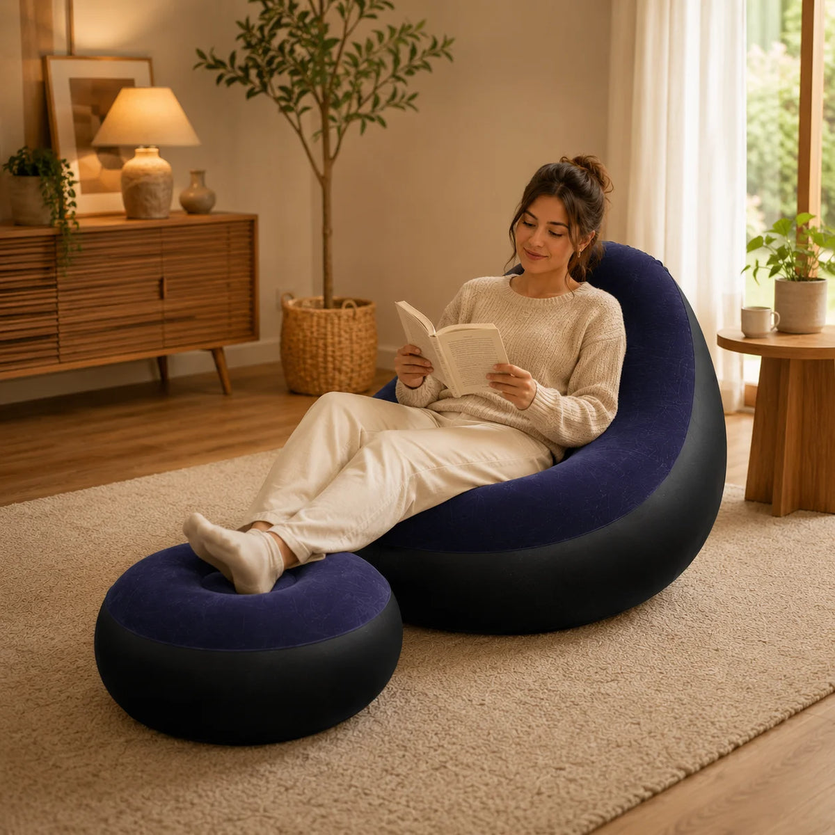 1pc Inflatable Lounge Chair with Ottoman, Flocked Air Sofa Set