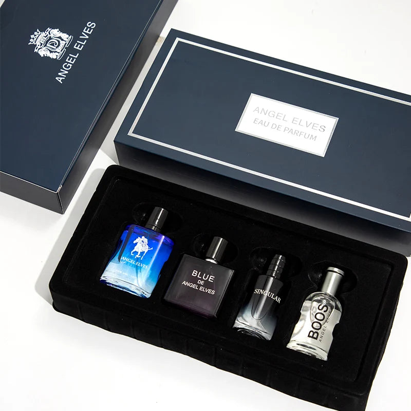 ANGEL ELVES 4Pcs Men Perfume Set Blue De Long Lasting Woody Ocean Scent Eau De Parfum Male Fragrance Gift Box For Daily Dating