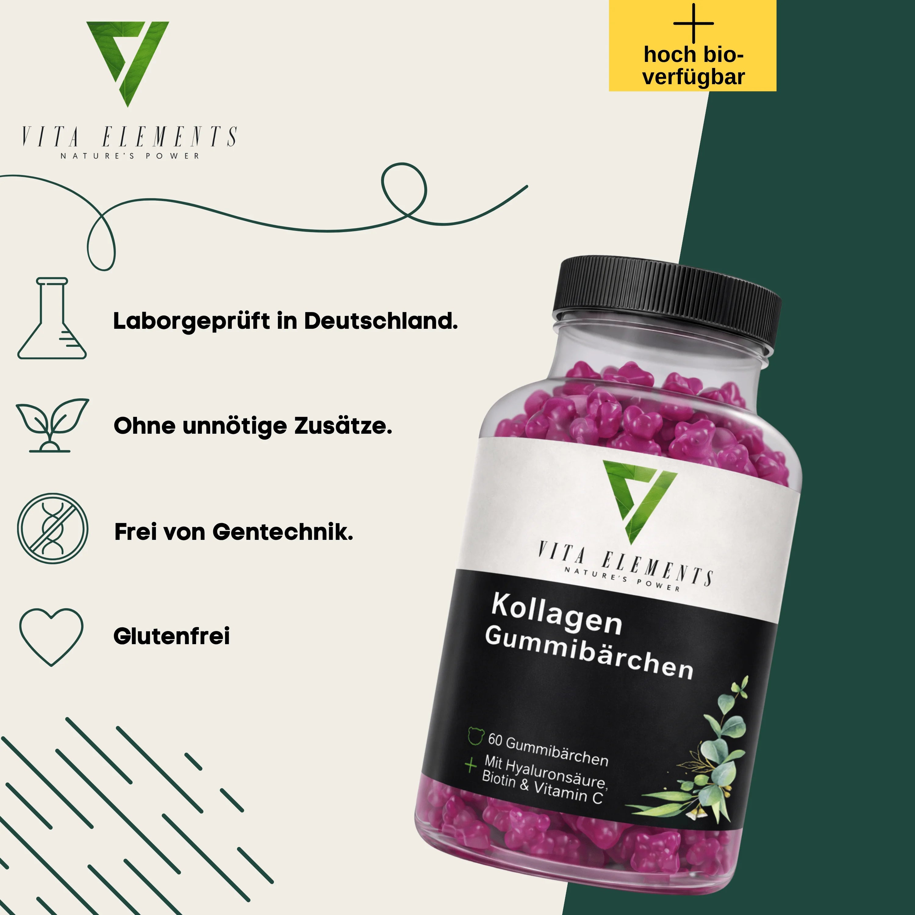 Collagen gummy bears | Lab-tested in Germany | Non-GMO | Dietary supplement | Gluten-free | With biotin and vitamin C | With marine collagen | Fruity taste | 60 gummy bears