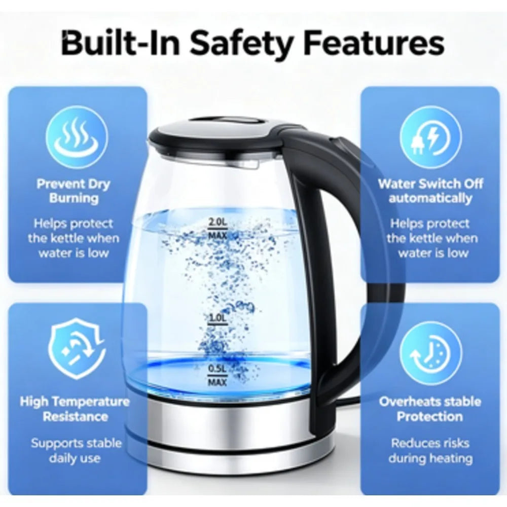 2.0L Glass Electric Kettle, Fast Boiling Water Boiler with Blue LED Light,