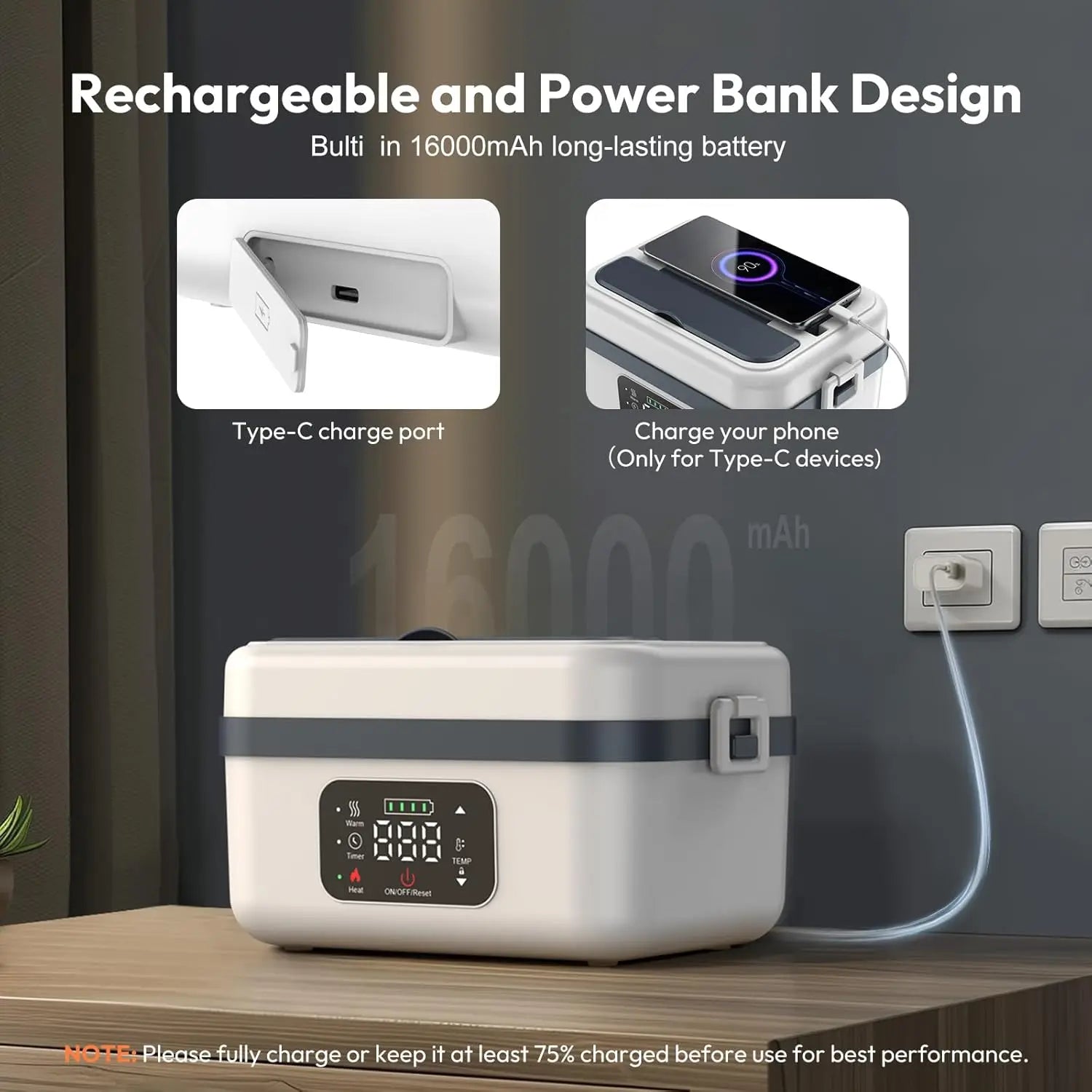 Portable Electric Lunch Box, 1L Capacity & 16000mAh Power Bank, Wireless Self-Heating for Work Travel Car Office