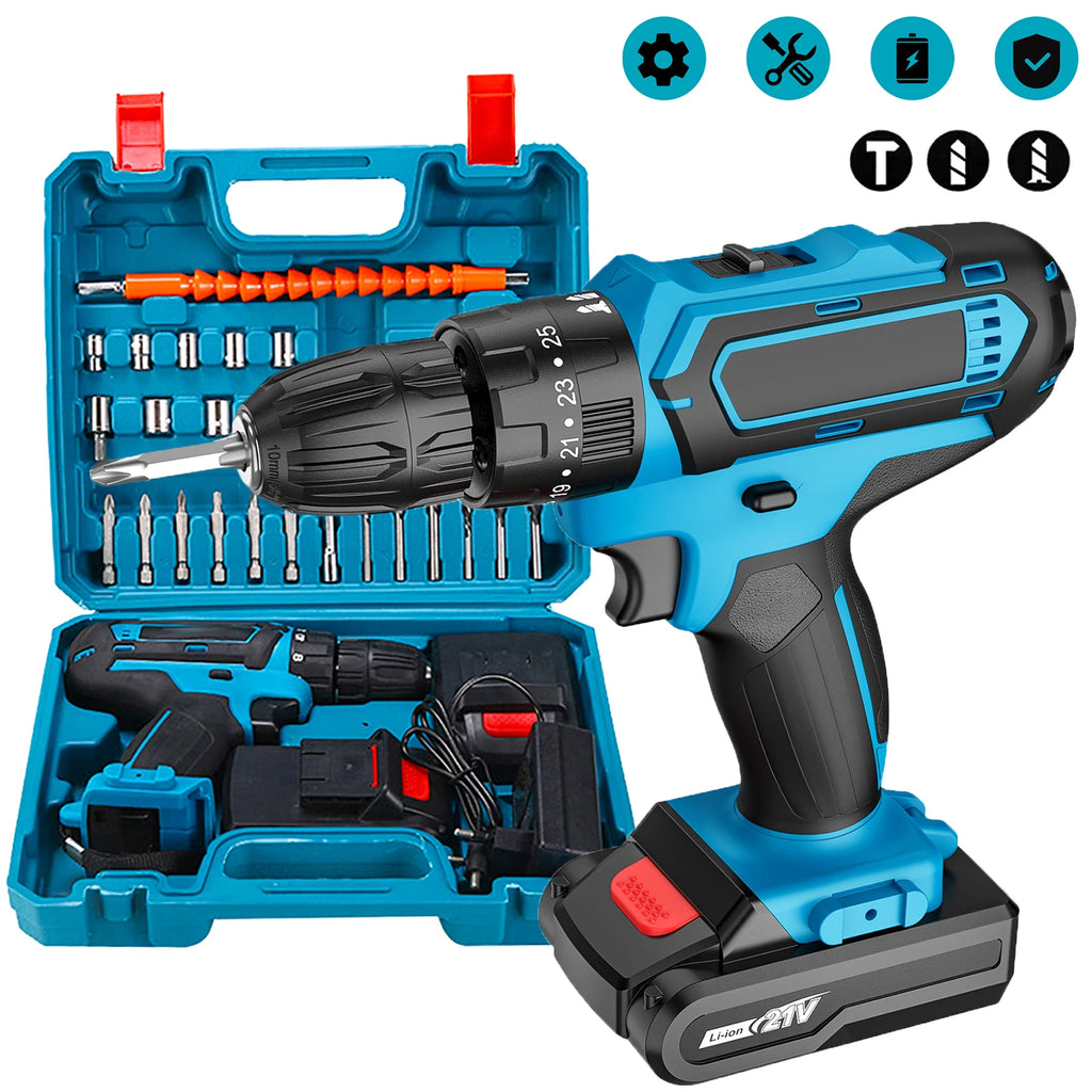 21V Cordless Electric Impact Drill Electric Screwdriver 25+3 Torque Compact Hand Drill Rechargeable Battery Electric Tools