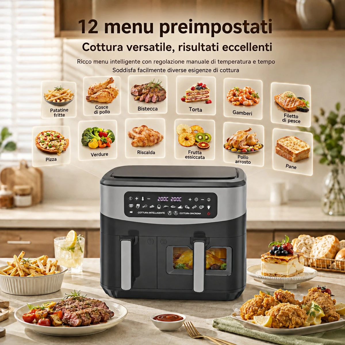 10L XXL air fryer with a dual basket 6L+4L, 2800W, check window, LED touchscreen