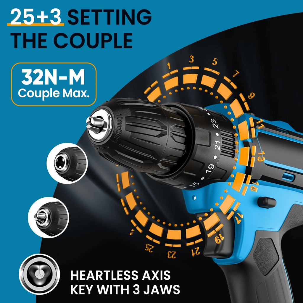 21V Cordless Electric Impact Drill Electric Screwdriver 25+3 Torque Compact Hand Drill Rechargeable Battery Electric Tools