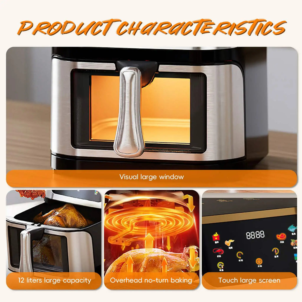 12L Large Capacity Air Fryer Toaster Oven LED Touch Screen Large Visual Window Accessories Included High Hot Air Circulation