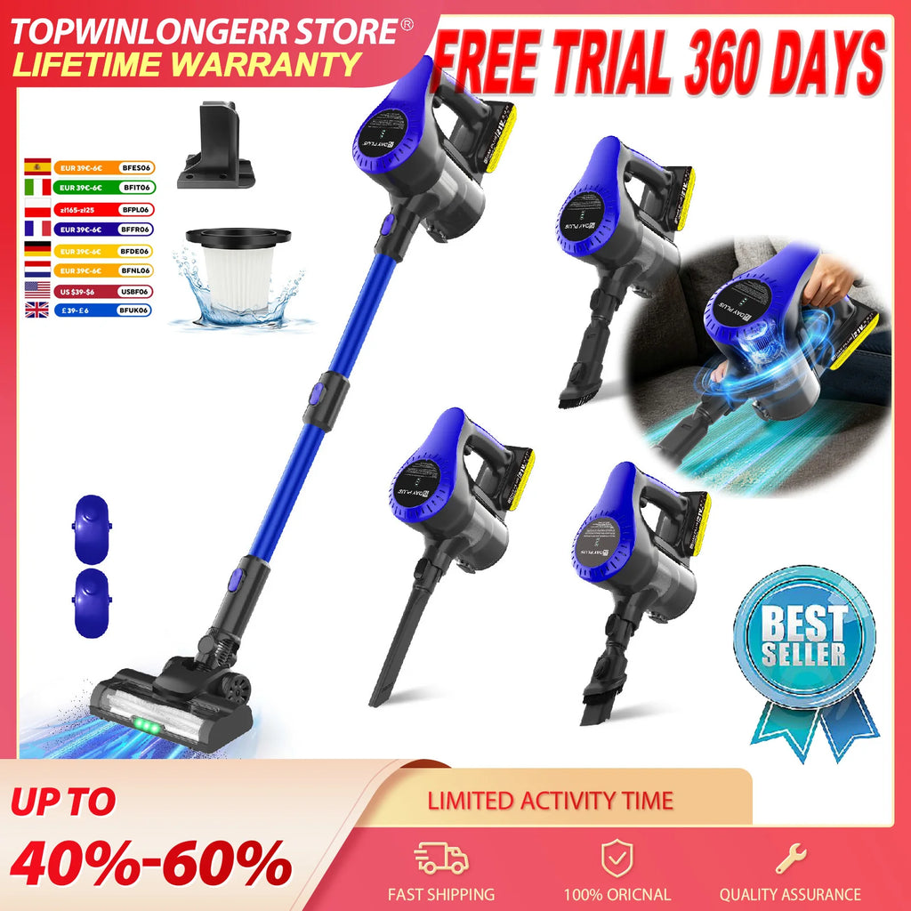 Battery Bagless Vacuum Cleaner 1000W 7000Pa 45Min Cordless Vacuum Cleaner with Light, Anti-Tangle Brush, Super Quiet Self-Standing Battery Vacuum for Pet Hair Carpets Hard Floors