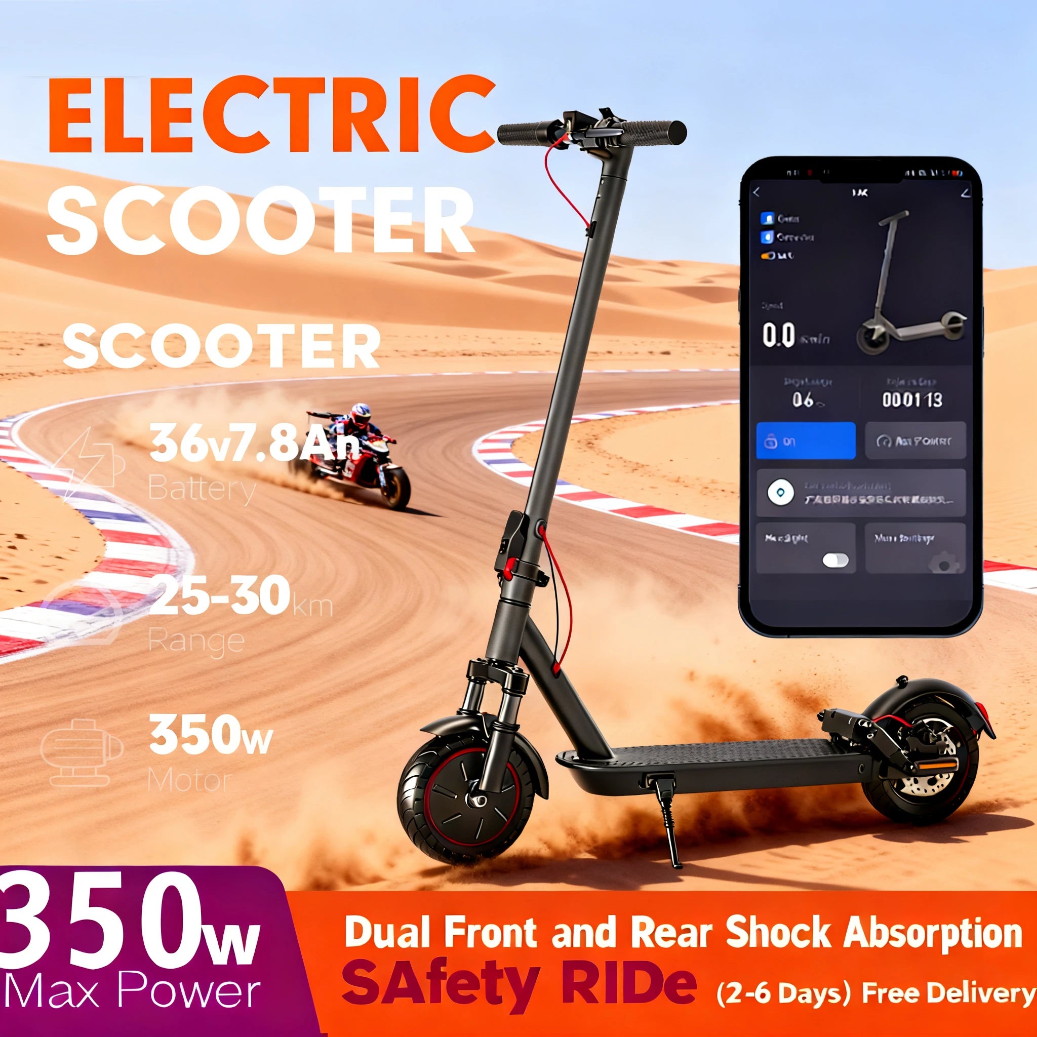 350W smart electric scooter is for you! Dual shock absorption minimizes buffering, Glide at 20KM/H along riverside paths.