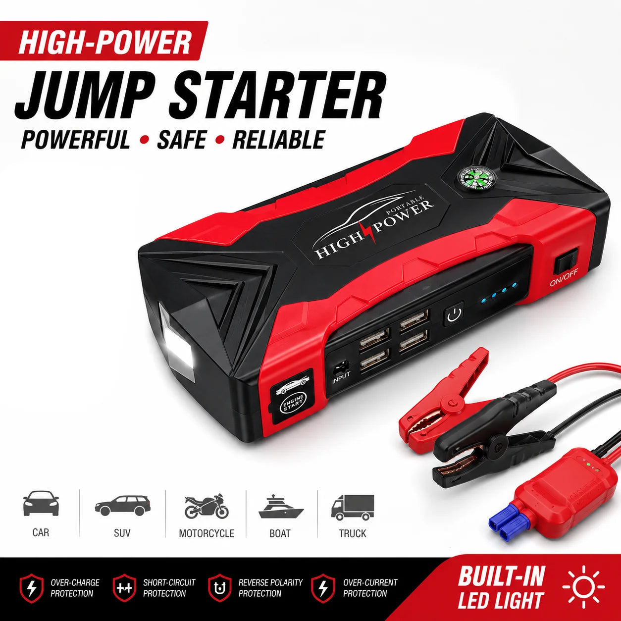 Car Jump Starter 1000A Peak Power Portable Auto Battery Booster 12V Jump Starter Power Bank Emergency Car Starter USB Charger Vehicle Booster Pack