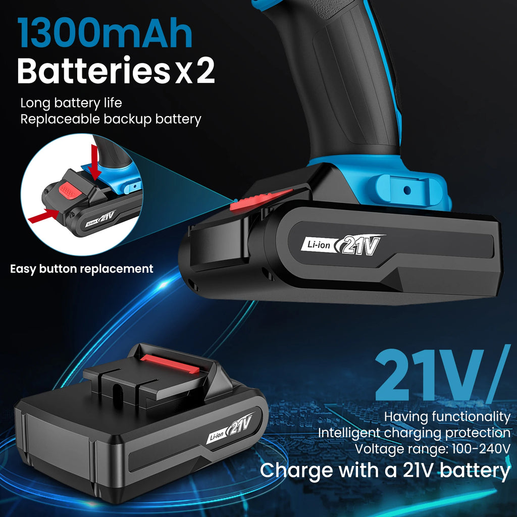 21V Cordless Electric Impact Drill Electric Screwdriver 25+3 Torque Compact Hand Drill Rechargeable Battery Electric Tools