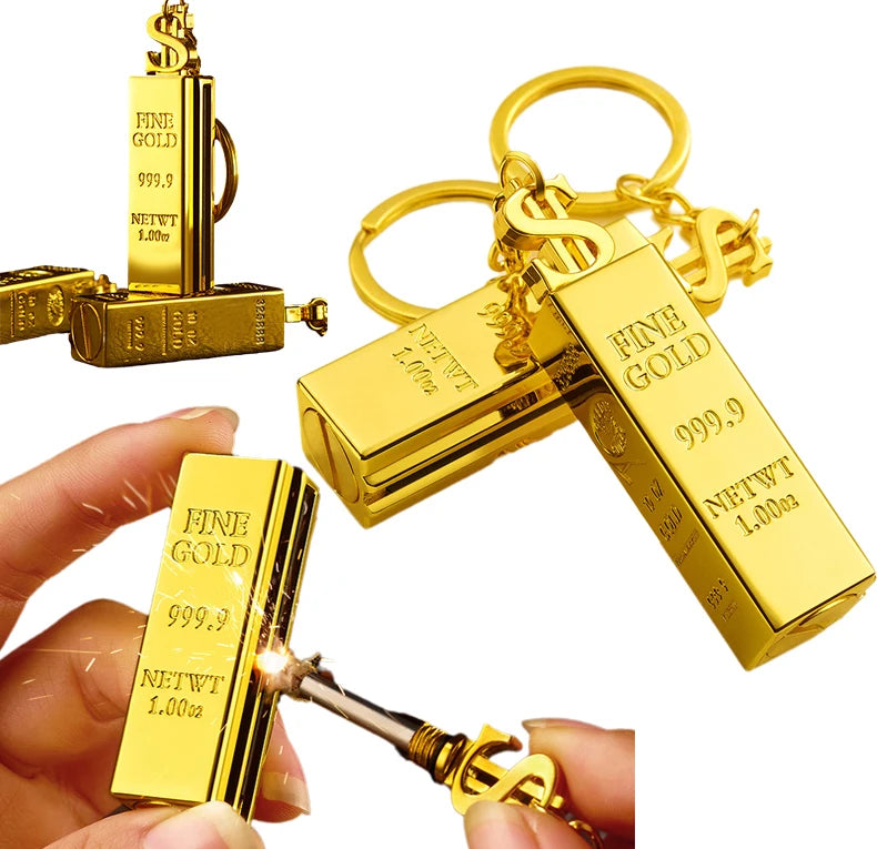 Creative Golden Bar Perpetual Match Lighter Keychain Reusable Flint Metal Matchbox Portable EDC Survival Tool with Gold Ingot Design and Dollar Sign Charm Gift for Men (Fuel Not Included)