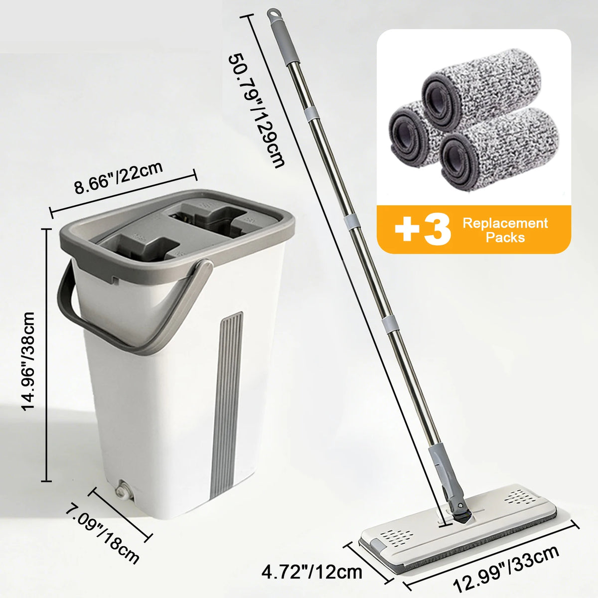Hands-Free Flat Mop & Bucket Set with 3 Reusable Microfiber Pads - 360° Rotating Mop Head