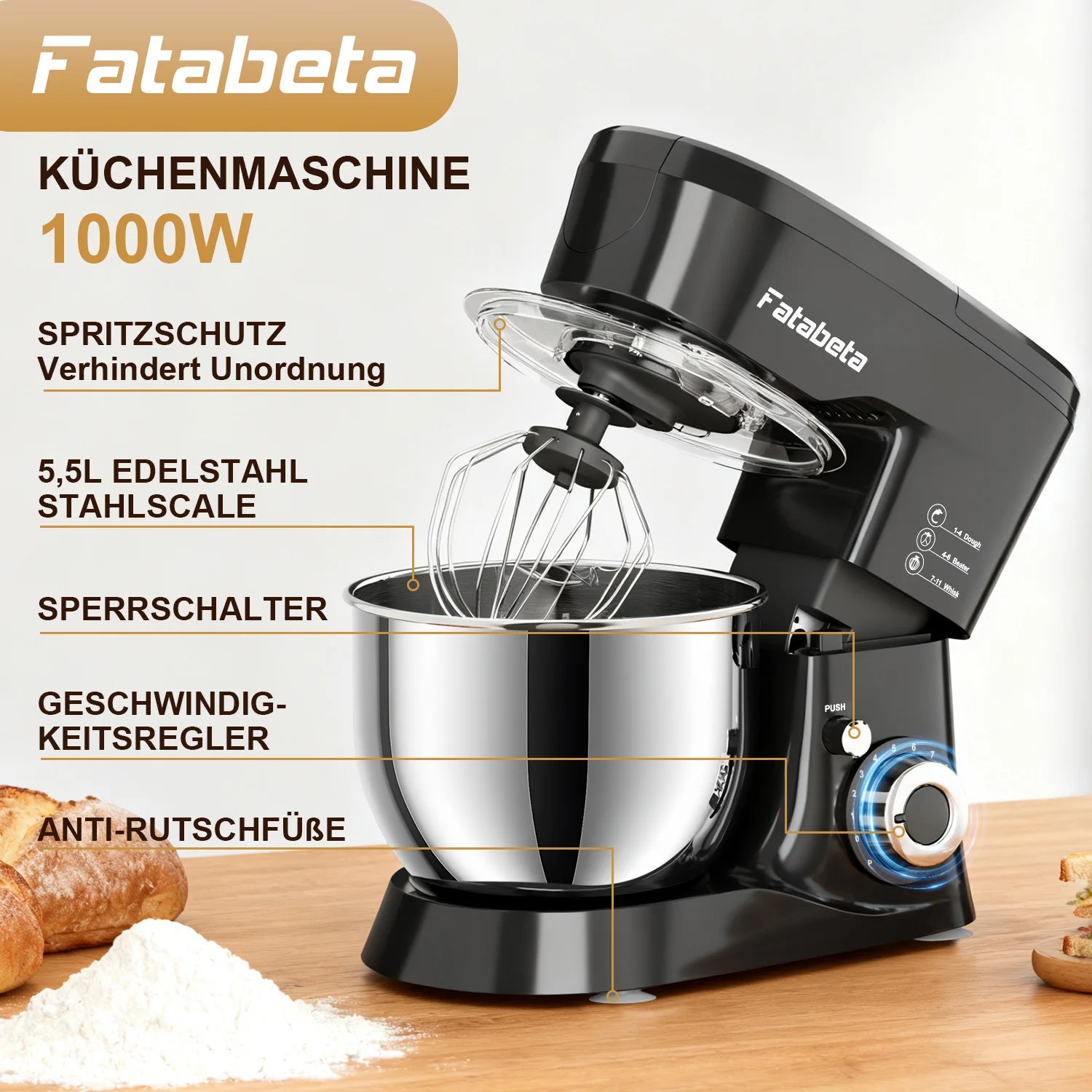 5.5L Electric Stand Mixer, 1000W, 11 Speeds, 3-in-1(Whipping, Kneading & Mixing), Non-Slip Feet, Safety Lock, for Baking/Gift