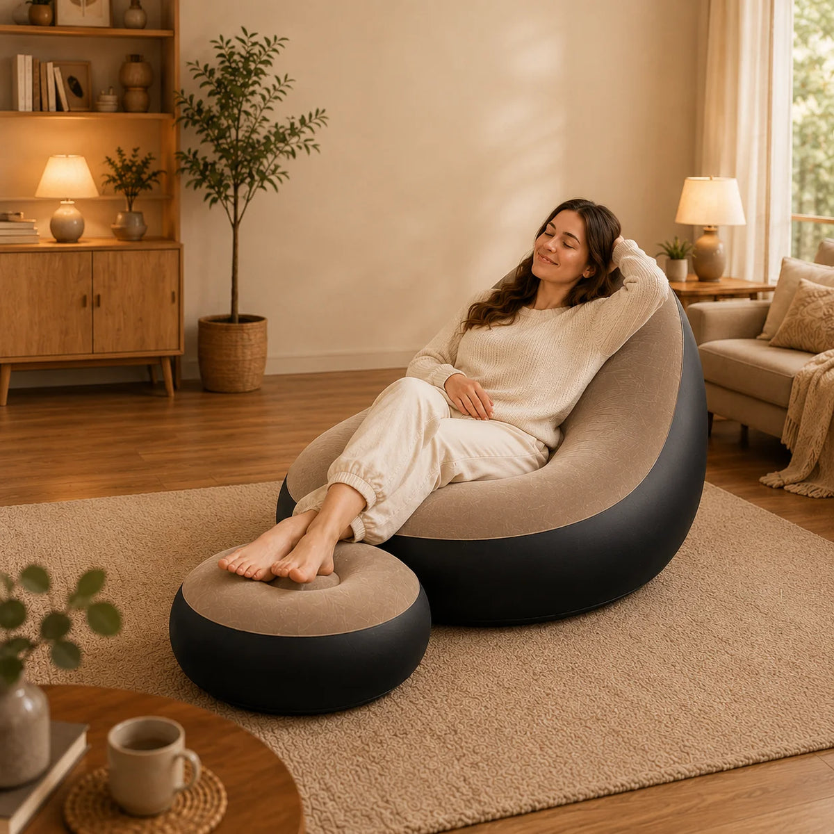 1pc Inflatable Lounge Chair with Ottoman, Flocked Air Sofa Set