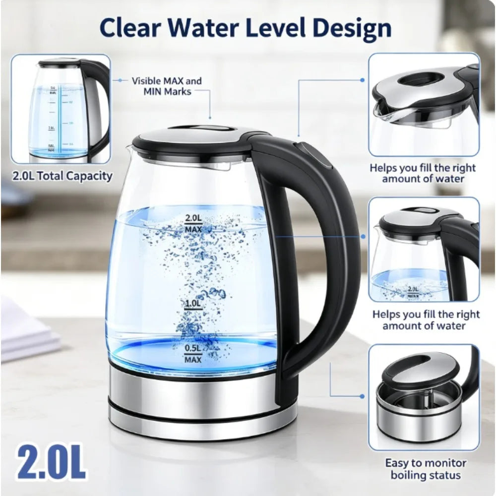 2.0L Glass Electric Kettle, Fast Boiling Water Boiler with Blue LED Light,