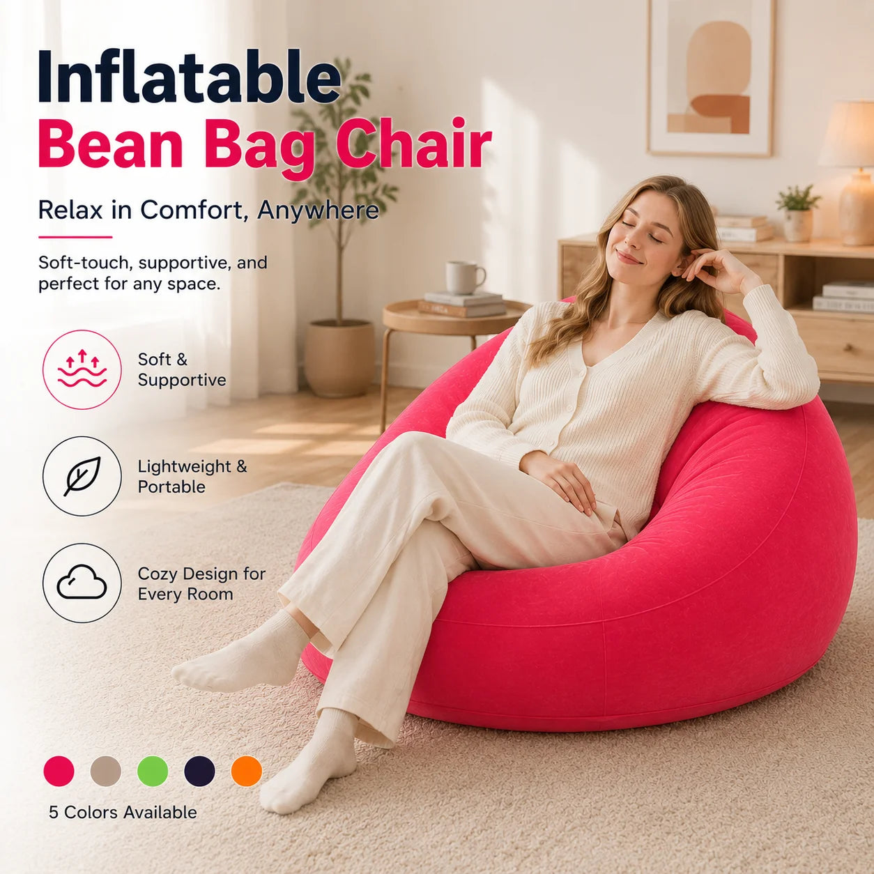 Inflatable Flocked Bean Bag Chair, Portable Air Sofa Lounge Seat for Bedroom Living Room Dorm Reading Gaming Relaxation