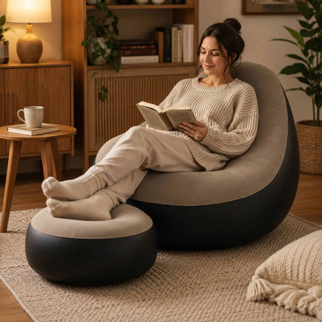 1pc Inflatable Lounge Chair with Ottoman, Flocked Air Sofa Set