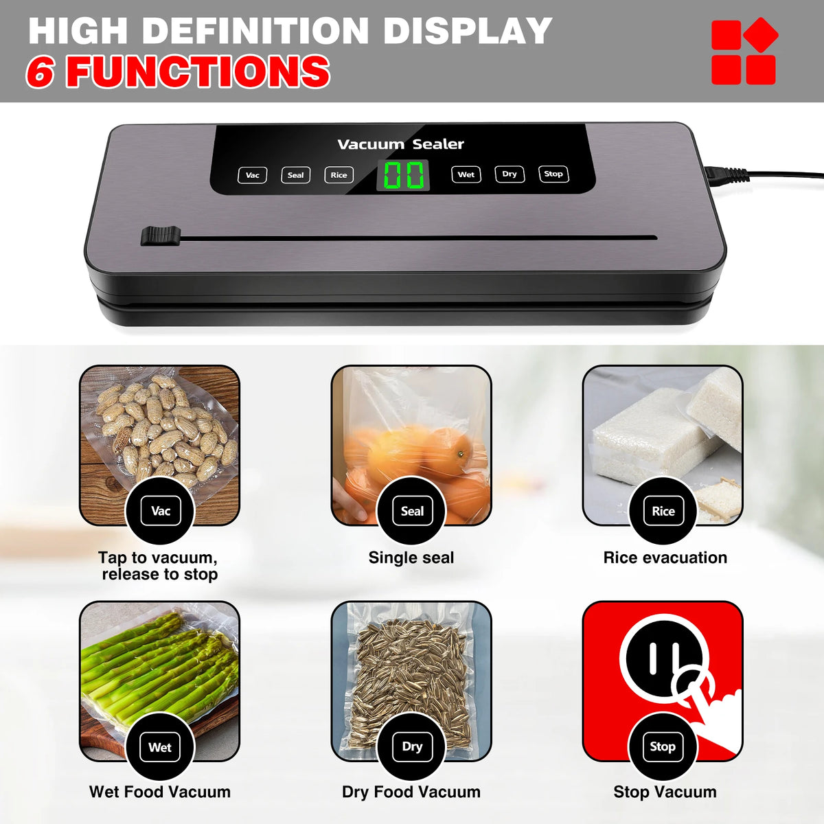 6-in-1 Multi-Functional Food Vacuum Sealer Machine, 6 Modes, Includes 10 Vacuum Bags