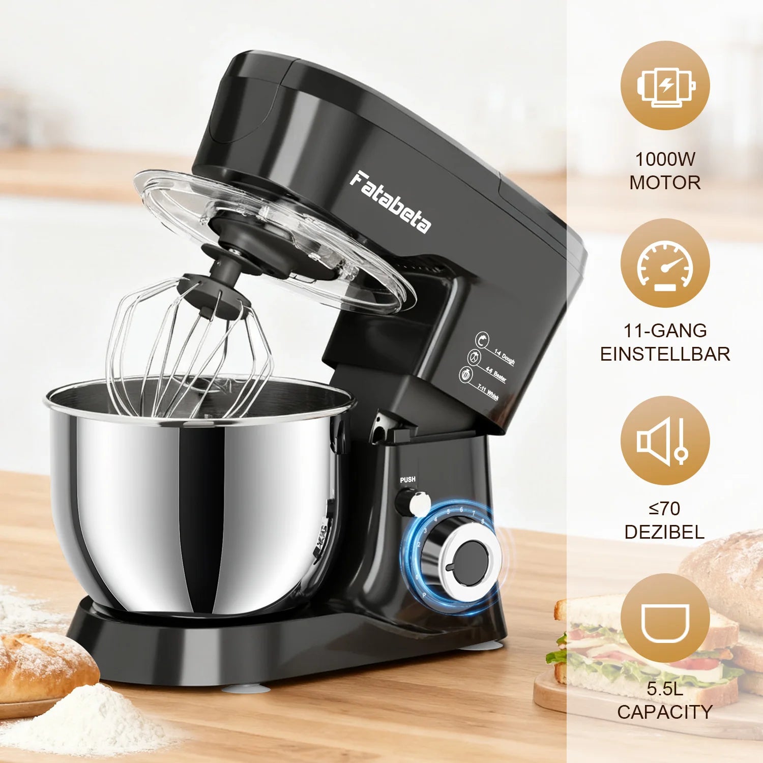 5.5L Electric Stand Mixer, 1000W, 11 Speeds, 3-in-1(Whipping, Kneading & Mixing), Non-Slip Feet, Safety Lock, for Baking/Gift
