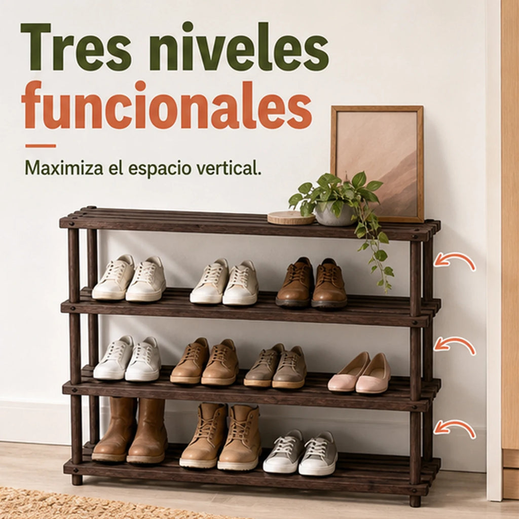 3-Tier Solid Wood Shoe Rack, Size 74×26×48.5 cm (29.1×10.2×19 in), Breathable Slat Design