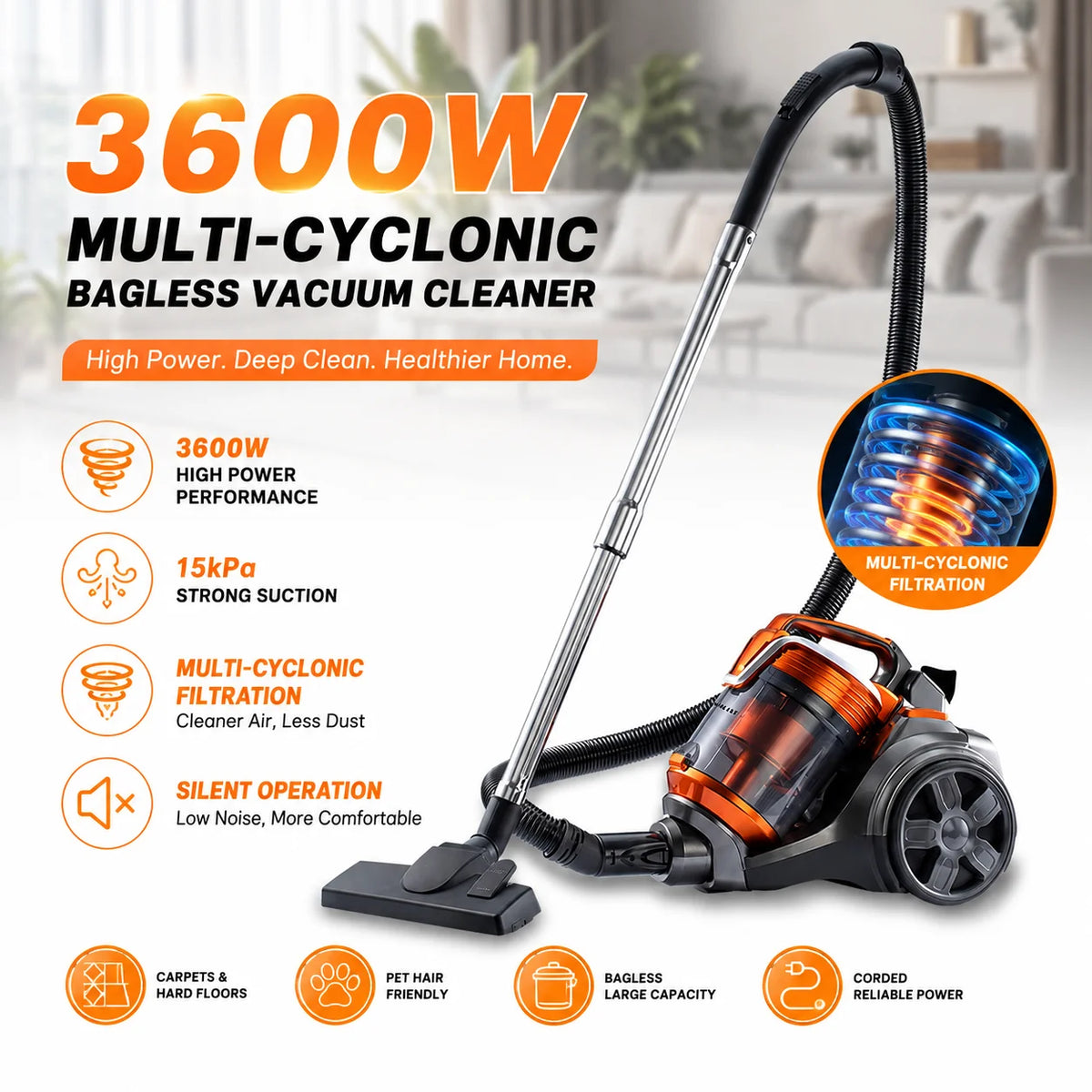 3600W Multi-Cyclonic Bagless Vacuum Cleaner, High Power 15kPa