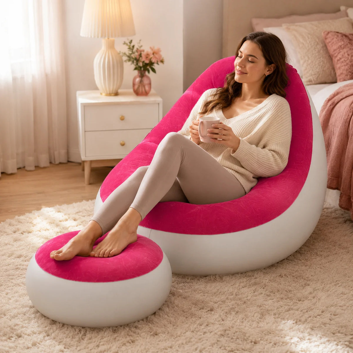 1pc Inflatable Lounge Chair with Ottoman, Flocked Air Sofa Set