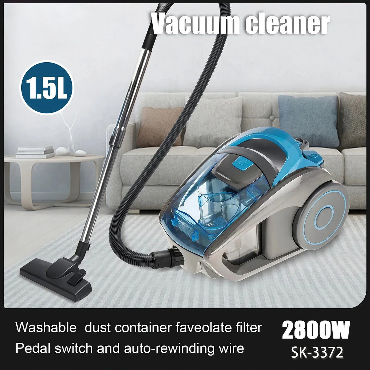 2800W Bagless Canister Vacuum Cleaner Multi-Cyclonic Filtration 15kpa